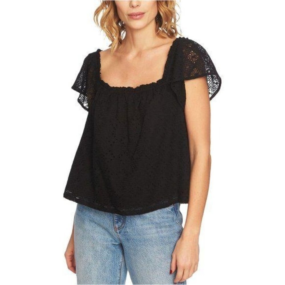 1.State Embroidered Off-The-Shoulder Blouse‎ Black Eyelet Women's Size Small